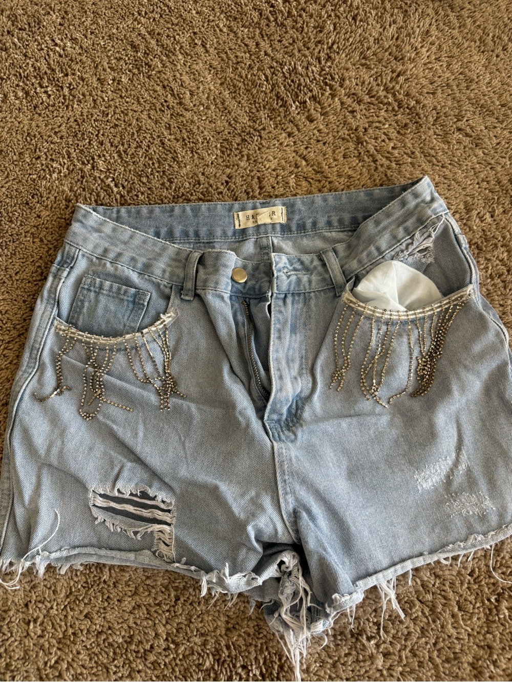 Harper heritage Light Blue Rhinestone Fringe High-Rise Denim Shorts